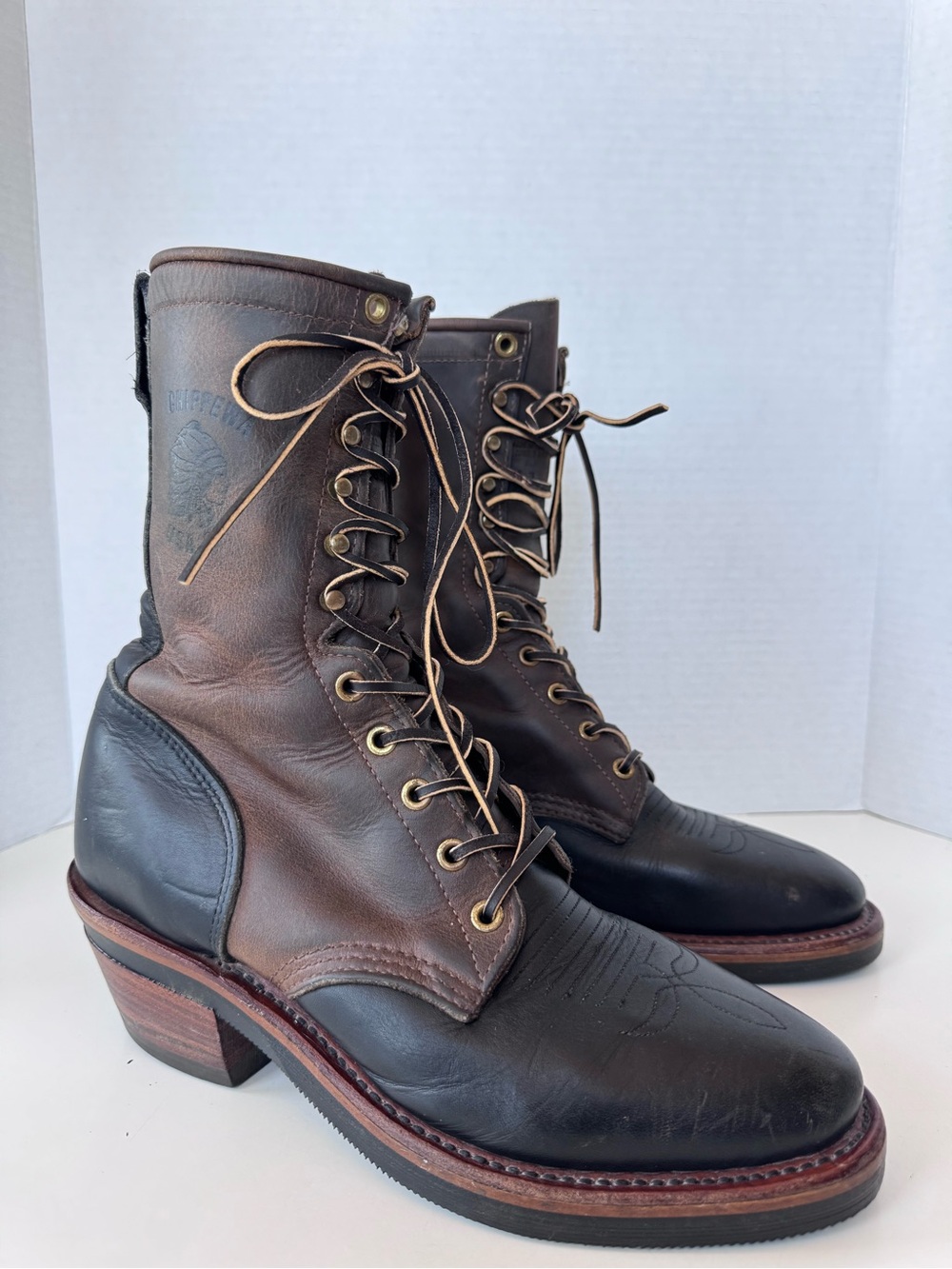 Chippewa Lace Up Black And Brown Leather Logger Western Cowboy Boots Shoes 7